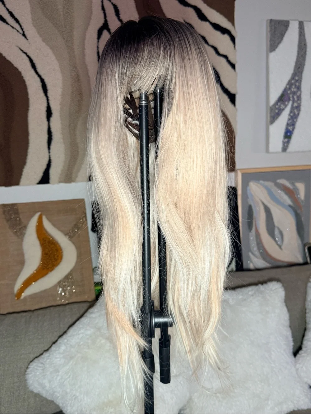 Blonde Ombre Long Straight Wig with Bangs - Neutral Roots